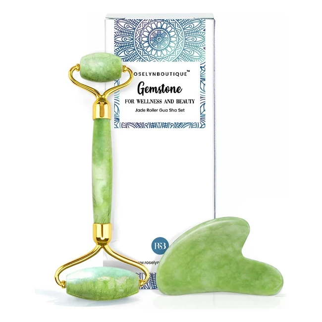Roselynboutique Gua Sha Jade Roller for Face Set - Self Care Gifts for Women - Relieve Wrinkles - Natural Healing Crystal Stone