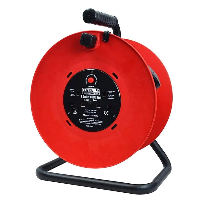 Faithfull FPPCR50M Cable Reel - 240V 50m 13A - Red - Sturdy Steel Frame
