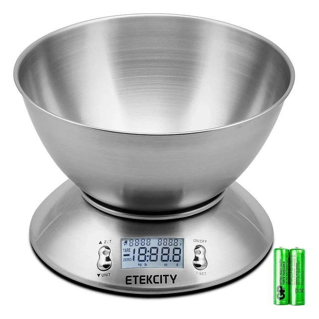 Etekcity Küchenwaage aus Edelstahl mit abnehmbarer Schüssel, 5kg/11lb, LCD-Display, Timer, Silber