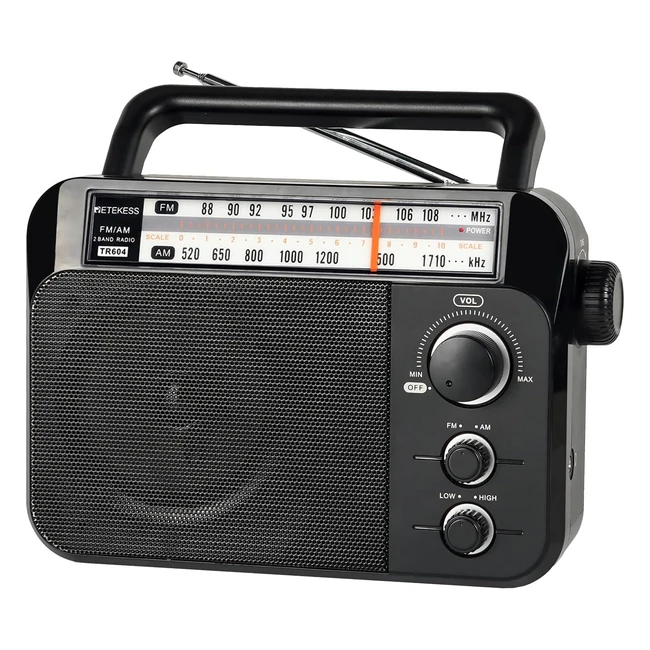 Retekess TR604 Portable Radio FM AM Battery Radio Transistor Mains Power Headphone Jack Large Speaker Two Tones Simple Radio for Elderly Suitable Black