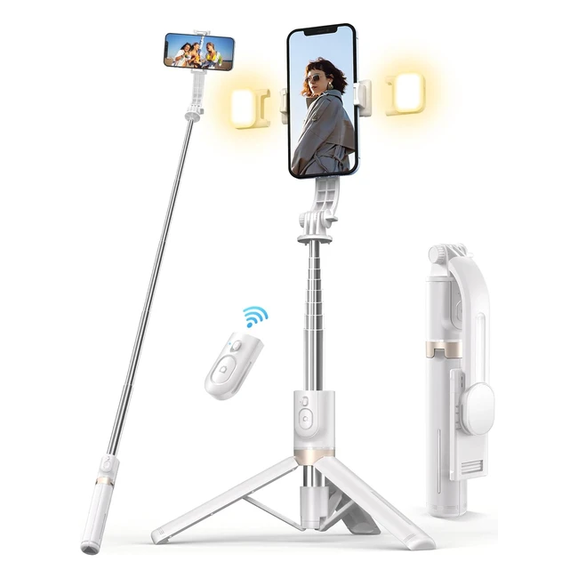 Perche à selfie Bluetooth pour iPhone - 2 lumières rechargeables - trépied de voyage extensible jusqu'à 114 cm - obturateur à distance - blanc