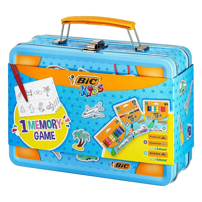BIC Kids Memory Game Travel Case - Colorful Pencils, Crayons, Felt Pens - 32-Piece Memory Game - Assorted Colors - Box of 64