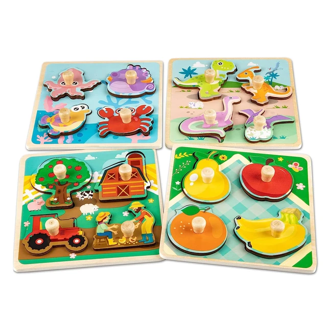 Puzzle en bois enfant Funsland 4 pièces - Animaux, Fruits, Jouet éducatif Montessori - Pour bébé 1-4 ans