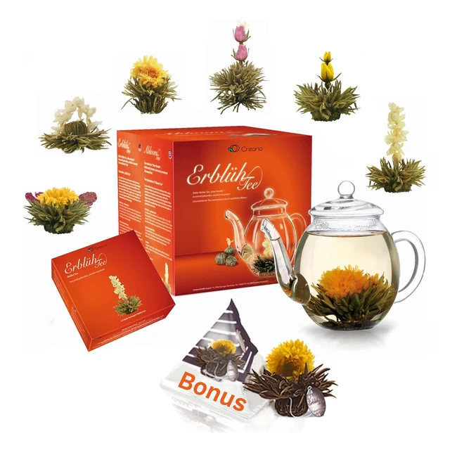 Creano Teeblumen Geschenkset - Erblühtee mit 500ml Glaskanne - 6x weißer Tee - Teelini Schwarztee Bonuskugel - 8-teilig
