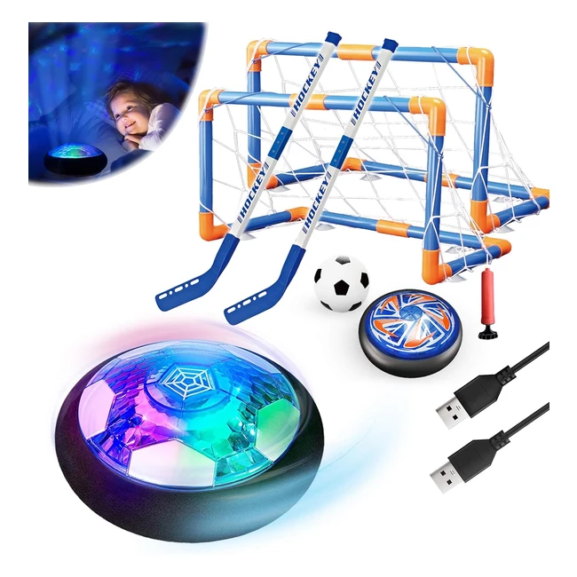 Ensemble de jouets 3 en 1 Air Power Football et Hockey avec veilleuse LED rechargeable - cadeaux pour les enfants - jeu intérieur et extérieur