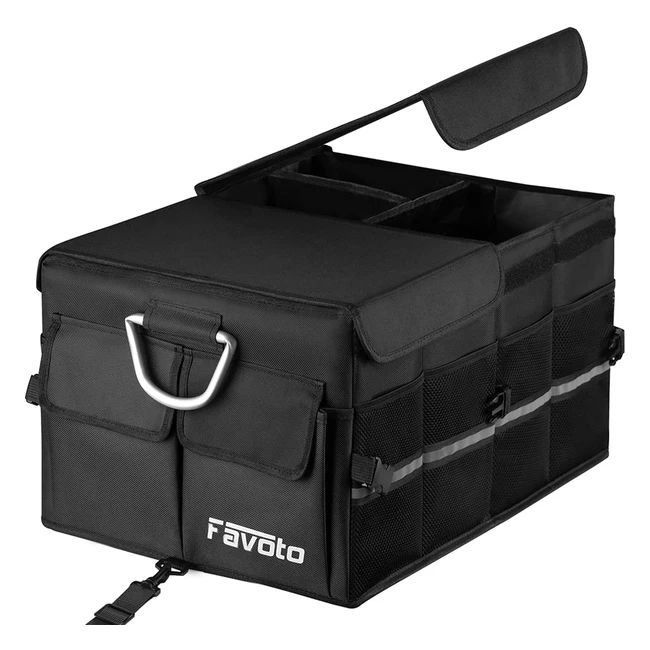 Organisateur de coffre de voiture Favoto avec couvercle détachable, bande réfléchissante, poignée en aluminium, sac de rangement pliable et étanche, grande capacité - noir