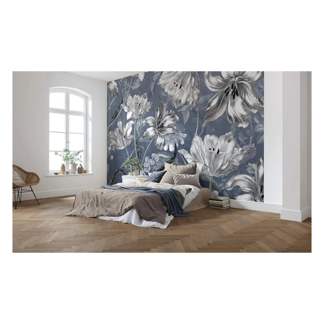 Komar X71041 Vliestapete Merian Blau 350x250cm 7 Paneele 50cm Breite Blumenmuster Schlafzimmer Wandbild Wandverkleidung Design Tapete