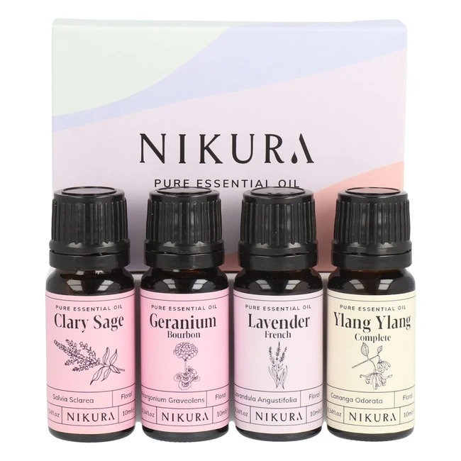 Nikura Floral Essential Oil Gift Set - 4 x 10ml - Pure  Natural Oils - Clary Sa