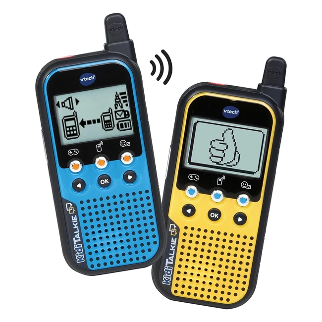 VTech Kiditalkie 6 en 1 - Walkietalkie para niños - Envía mensajes y juega - Color azul/amarillo - Versión ESP
