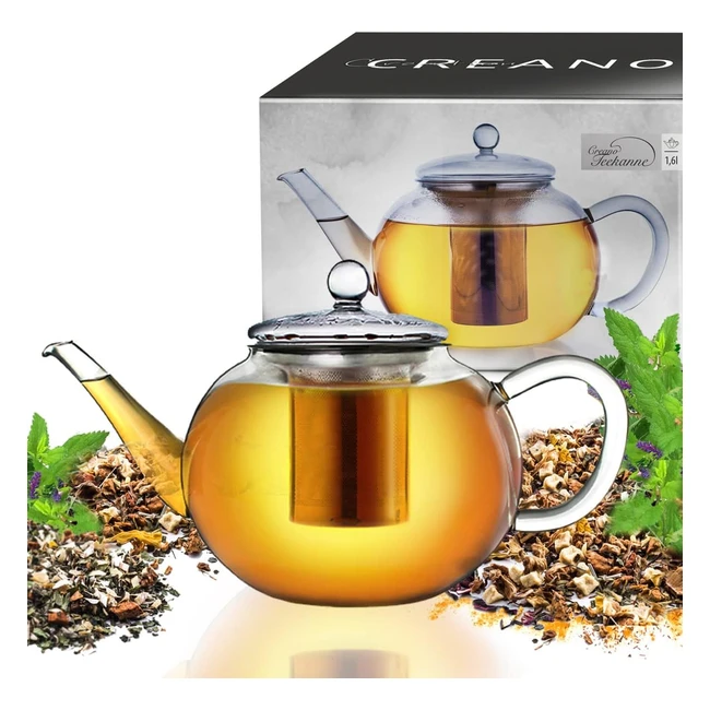 Creano Glass Teapot 1600ml - Stovetop Safe Tea Kettle with Stainless Steel Infus
