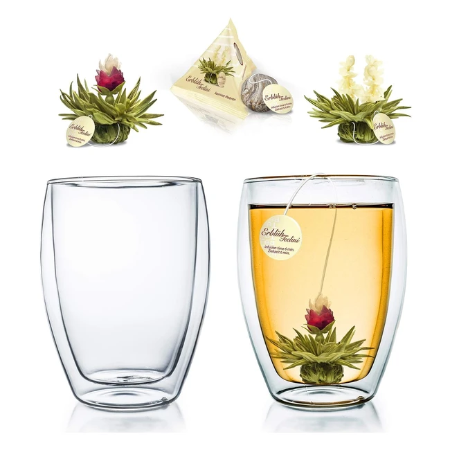 Creano Double Walled Tea/Coffee Glasses 250ml - Insulated Handmade Heat Resistant Mugs - 2pcs - 2 White Blooming Tea