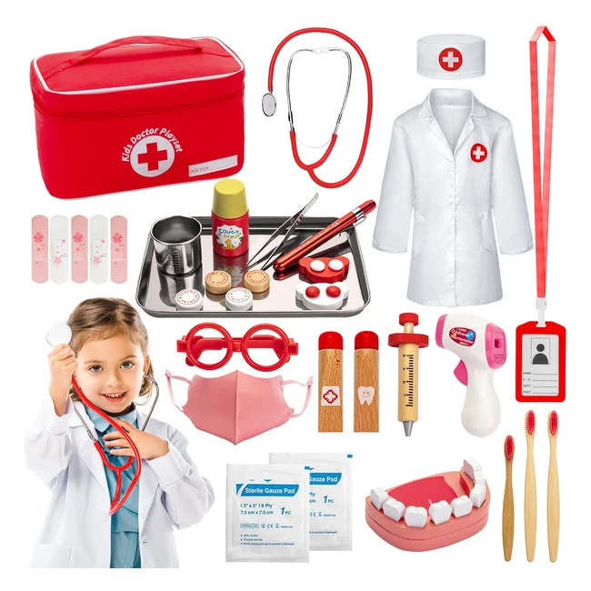 Malette Docteur Enfant en Bois - Jouet Médical avec Stéthoscope et Thermomètre - Cadeau de Jeu de Rôle pour Filles et Garçons 3-4 ans