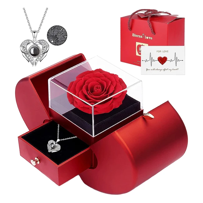 Preserved Real Rose Gifts for Women - Eternal Flowers Rose with I Love You Neckl