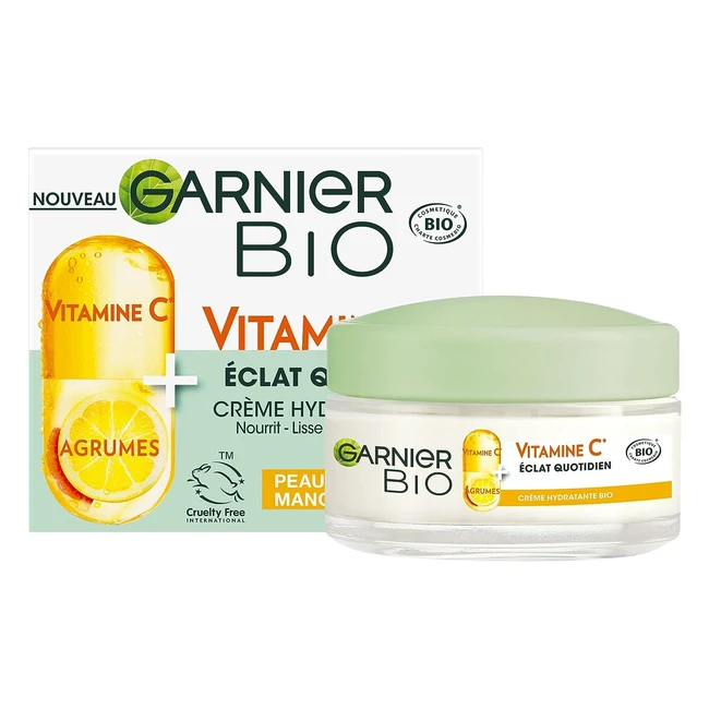 Garnier Crème Hydratante Bio - Hydratation et Éclat Quotidien - Vitamine C et Agrumes - Peaux Sèches et Ternes - 50 ml