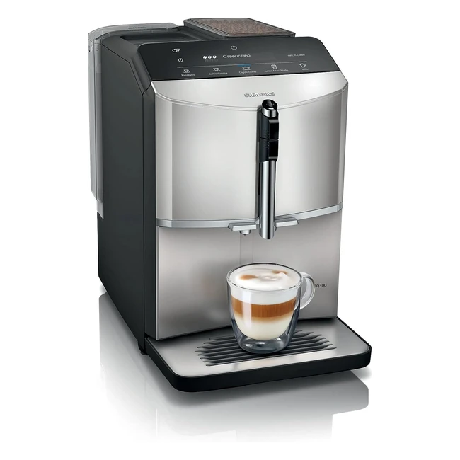 Siemens Kaffeevollautomat EQ300 TF303E07, 1300W, Milchaufschäumer, Keramikmahlwerk, 14L Wassertank, Automatische Reinigung, Metallic Silber