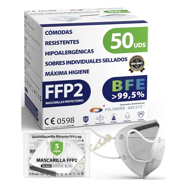 Pack 50 Mascarillas FFP2 Blancas - Certificado CE - Elsticos Cmodos - Hipoal