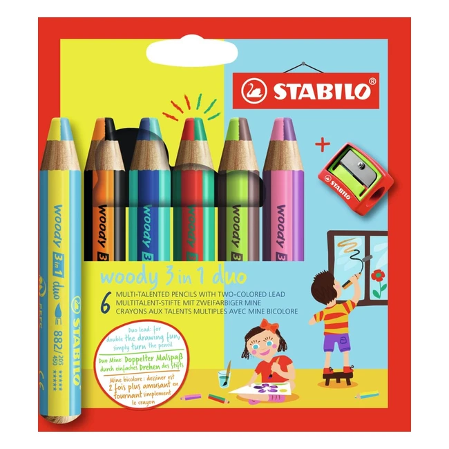 Crayon de couleur Stabilo Woody 3in1 Duo - Etui carton x 6 crayons - Mine bicolore - Taillecrayon