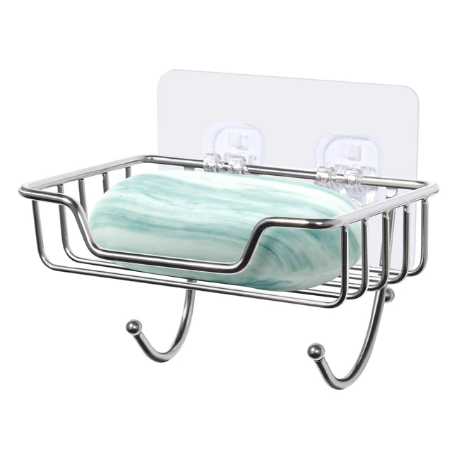 Stainless Steel Soap Dish Holder - Adhesive with Hook - Strong Grip - Bathroom 
