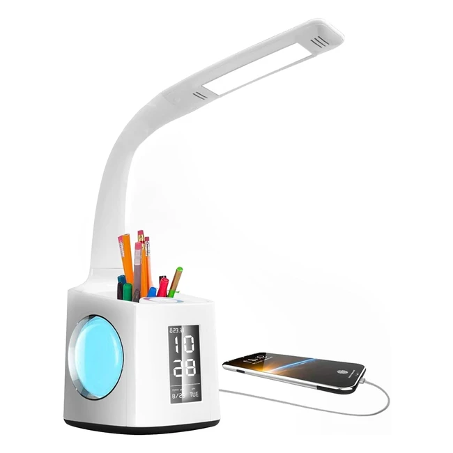 Lampe de bureau LED Vazillio 7 en 1 pour enfants - 10W - Lecture, Table, Chevet - Col de cygne - LCD - Réveil - Température