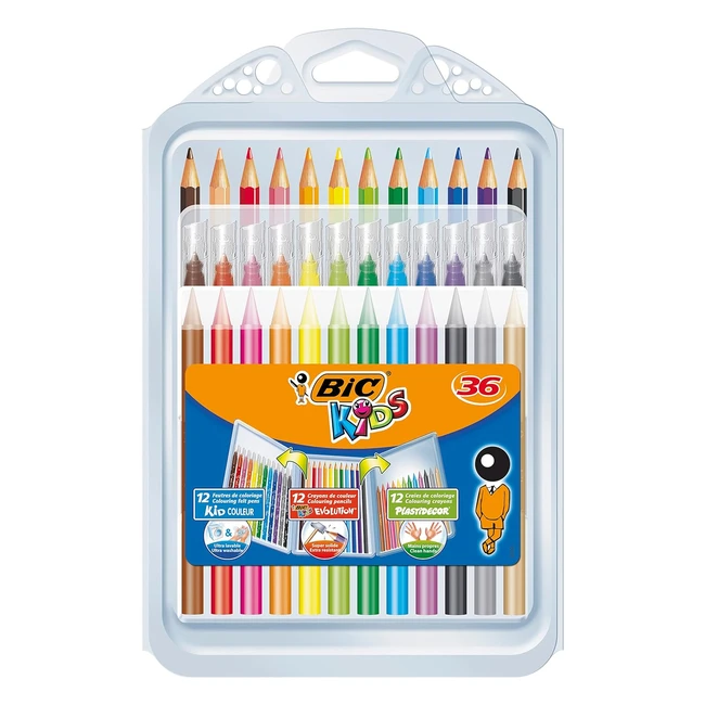 BIC Kids Colouring Set - Case of 36 Colouring Products - Variety Pack with Felt Pens, Colouring Pencils, Crayons - Convenient Plastic Case