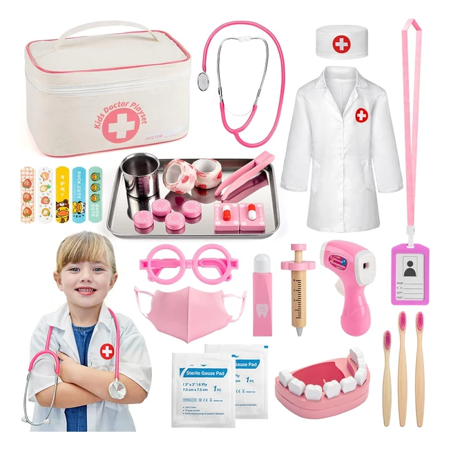 Valigetta Dottore Bambini Giocattolo - Kit Medico da 32 Pezzi - Stetoscopio, Camice, Gioco Dottore Bambino 3-8 Anni - Dottoressa Bambina