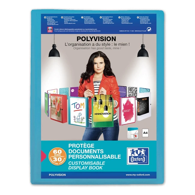 Protège-documents Oxford Polyvision A4 - 60 vues - 30 pochettes - Couverture polypro bleu
