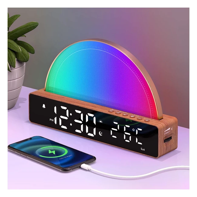 Réveil lumineux avec simulation de lever du soleil - Snooze - 6 sonneries - 10 sons de sommeil - Minuterie - Affichage température - Lampe atmosphère avec 7 couleurs changeantes - Port de charge