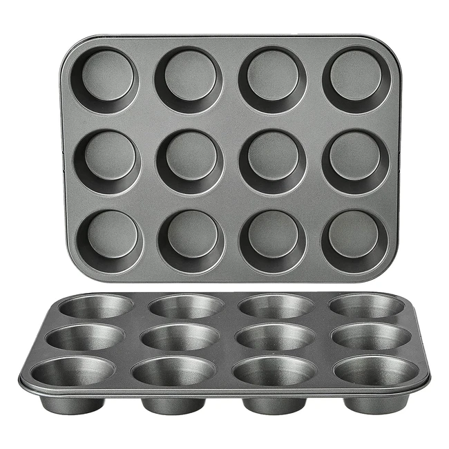 Amazon Basics Nonstick Muffin Pan 2-Pack - Grey, Carbon Steel, 12 Cups Each