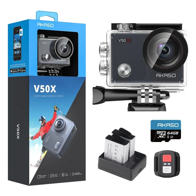 Caméra de sport AKASO V50 X avec carte mémoire microSDXC U3 64 Go - 4K 30fps - Stabilisateur - Télécommande - Kit d'accessoires