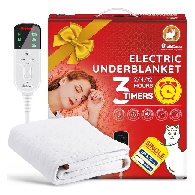 miacoco Electric Heated Blanket - 12hr Timers, 3 Heat Settings, LED Display - Overheat Protection - Easy Fit Shoulder Straps - Machine Washable - 150x80cm
