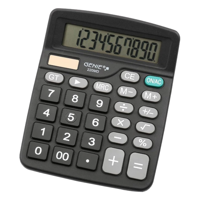 Calculadora Genie 220 MD de Escritorio de 10 dígitos, Doble Potencia Solar y Batería - Diseño Compacto Negro