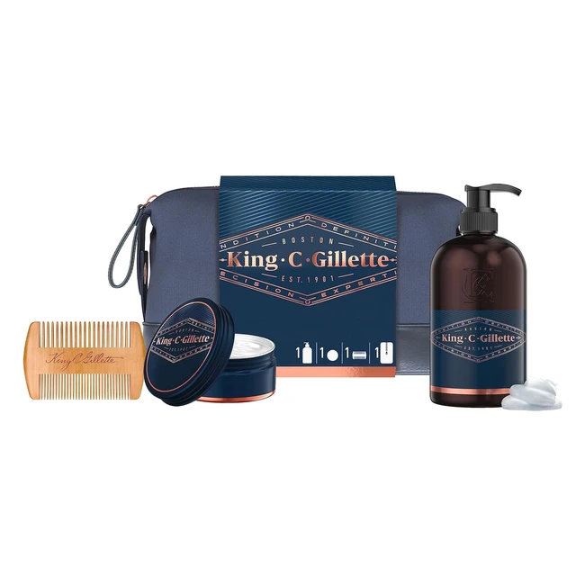 King C Gillette Geschenkset - Beard Essentials Bag, 350ml Waschgel für Bart und Gesicht, 100ml Bartbalsam für einen geschmeidigen Bart, Premiumbartkamm