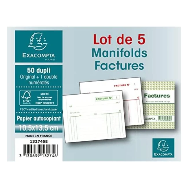 Exacompta RF 13274SE - Paquet de 5 manifolds factures - Format 105 x 135 cm - 50 feuillets numérotés dupli autocopiants - 1 original 1 copie