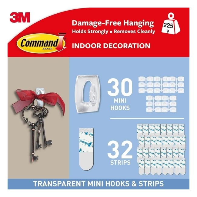 Command Clear Mini Hooks for Christmas - Multi Pack of 30 Hooks, 32 Adhesive Strips