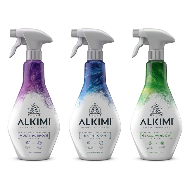 Alkimi Home Essentials Cleaning Products Pack of 3 - Multipurpose Bathroom Cleaner, Glass Window Cleaner Spray - Natural Household Supplies