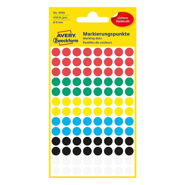 Avery Zweckform 3090 - Codici Diametro 8mm - 4 Fogli - 416 Pezzi - Colori Assort