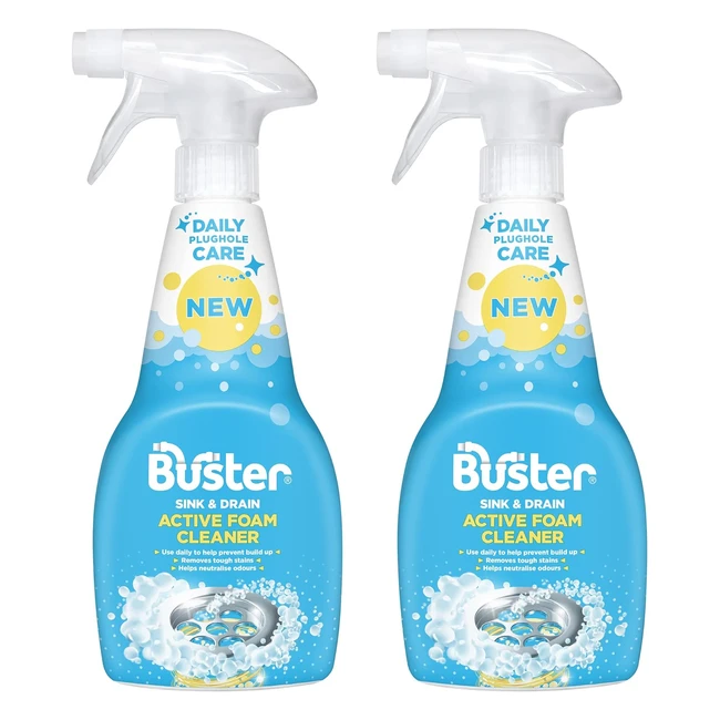 Buster Active Foam Sink Drain Cleaner 500ml x 2 - Removes Limescale Stains - Daily Plughole Foam Cleaner