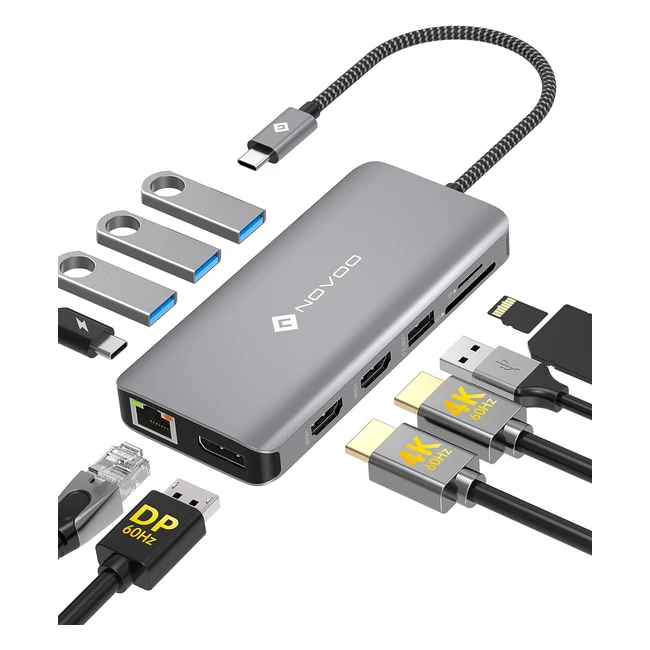 Estación de Acoplamiento USB C Novoo 11 en 1 | Triple Pantalla 4K 60Hz | Ethernet Gigabit 100W PD | SDTF 4 USB A | MacBook Dell HP