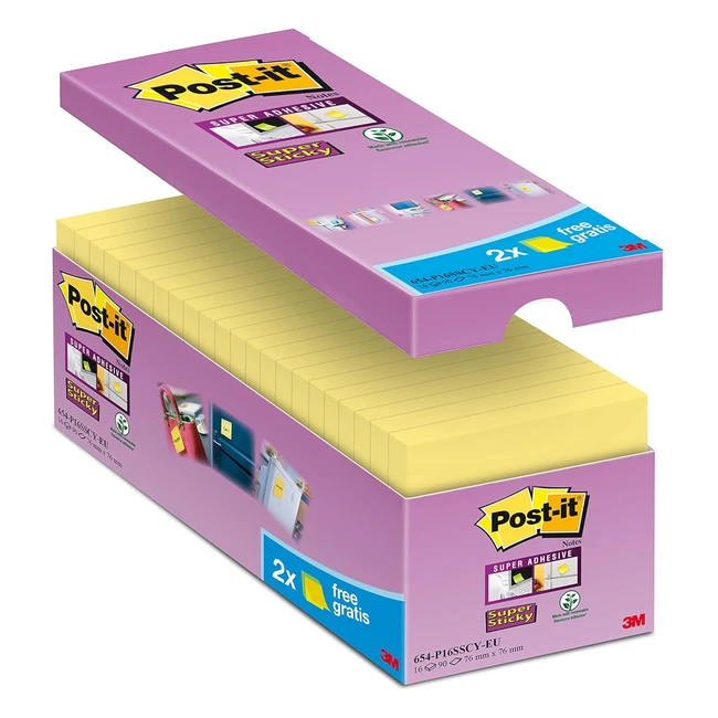 Post-it Super Sticky Notes Jaune Canari - Pack Promo 14  2 Blocs Gratuits - 90 