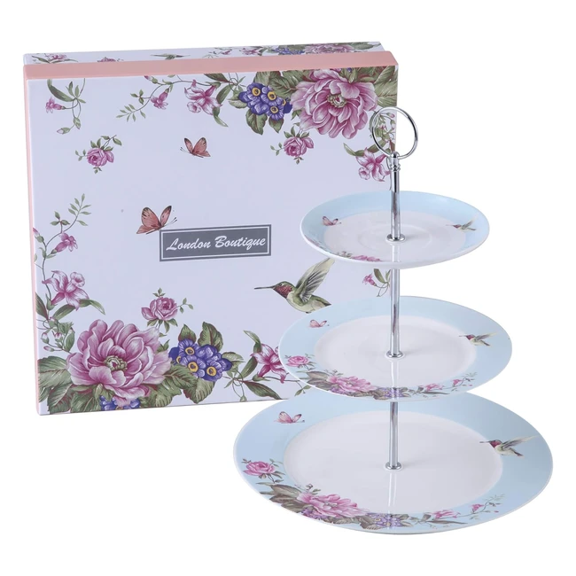 Soporte para tartas de 2 niveles London Boutique - Diseño de mariposas y pájaros - Caja de regalo azul