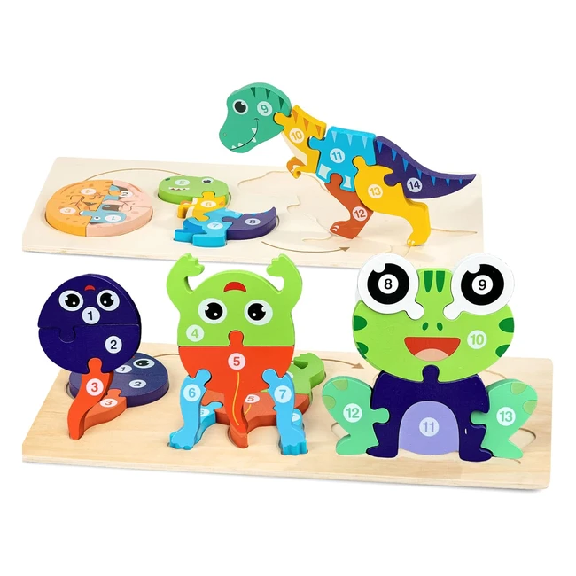 Funsland Wooden Puzzles for 3 Year Olds - Animal Growth Toys - Montessori Learni