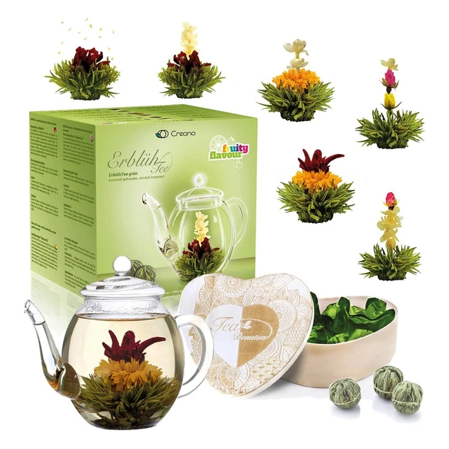 Coffret cadeau fleurs de thé - 6 types de thé vert incluant une théière en verre 500ml - Cadeau pour femme amatrice de thé