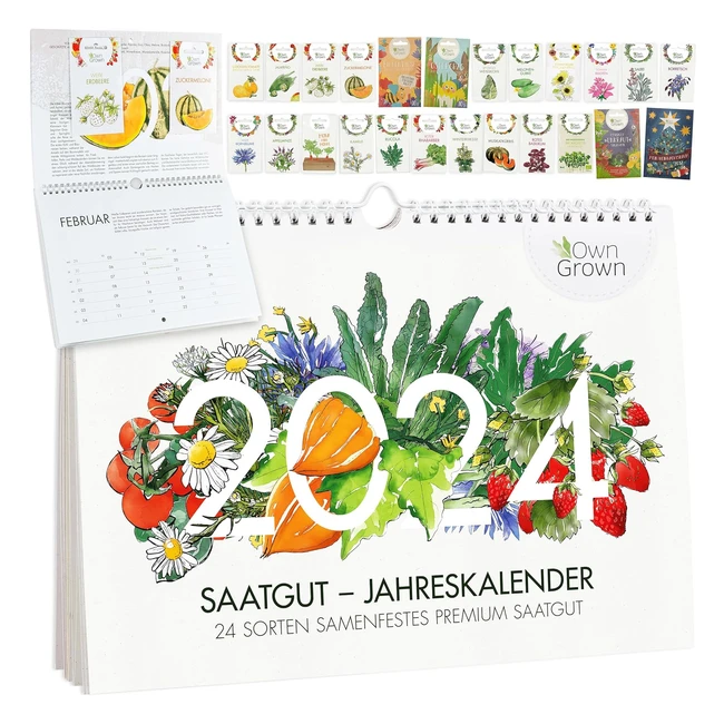 Saatgut Kalender 2024 - A4 Wandkalender mit 24 Sorten Gemüse, Kräuter, Obst und Blumen
