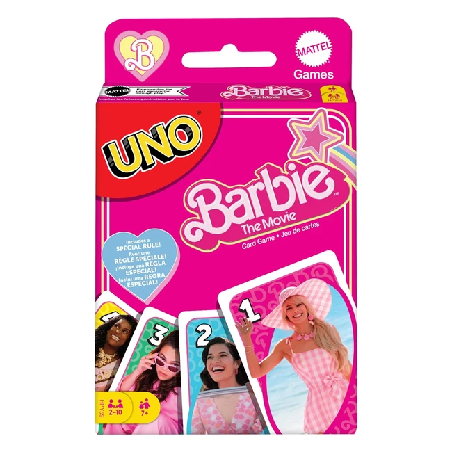 Barbie The Movie UNO Kartenspiel für Filmfans mit Lieblingscharakteren und unvergesslichen Szenen, Spezialregel, für 2-10 Spieler ab 7 Jahren