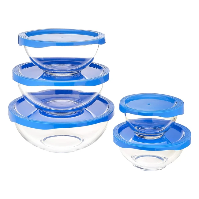 Amazon Basics 5-Piece Glass Mixing Bowl Set with Lids - BPA-Free - Clear/Blue - 1x 49L, 88L, 14L, 24L, 33L