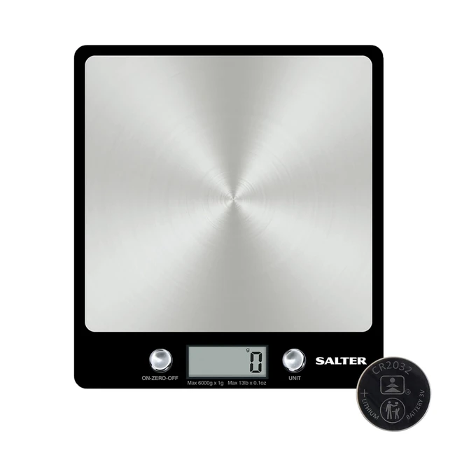 Salter 1241A BKDR Premium Evo Electronic Scale - Ultra Slim Stainless Steel Platform - Hygienic & Easy Clean - Add & Weigh - Measures Liquids - 6kg Max Capacity - Black