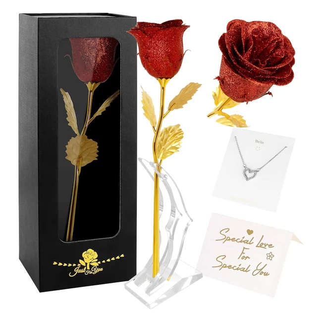 Rose éternelle rouge dorée avec collier et carte de vœux - Coffret cadeau pour maman - Cadeau fête des mères