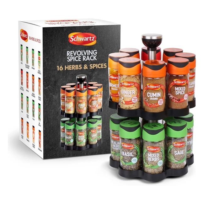 Schwartz Rotating Spice Rack - Space Saving and Convenient Kitchen Organiser - 16 Jars - 373g