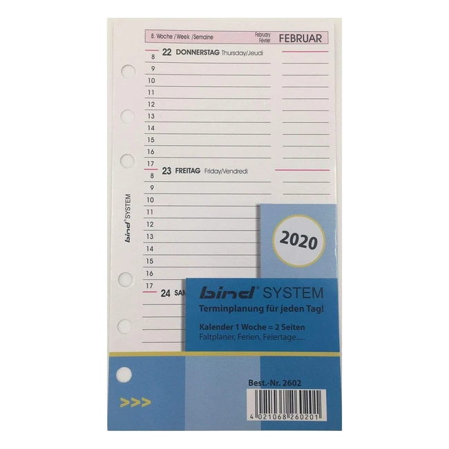 Bind B260220 - Inserto Calendario A6 2020 - Settimana 2 Pagine - Sistema