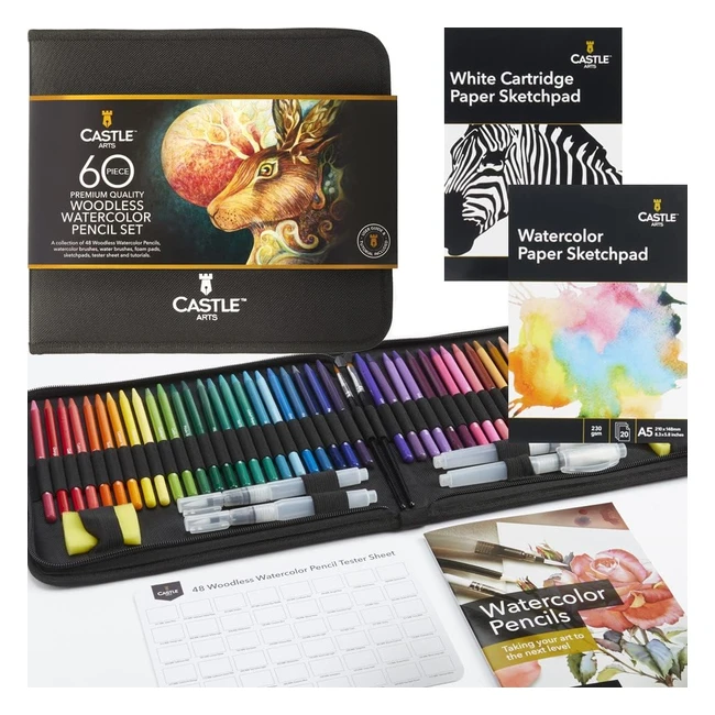 Castle Art Supplies 60 Piece Woodless Watercolour Pencils Set - Premium Pigmented - All Core, No Wood - for Artists, Starters, Colourists